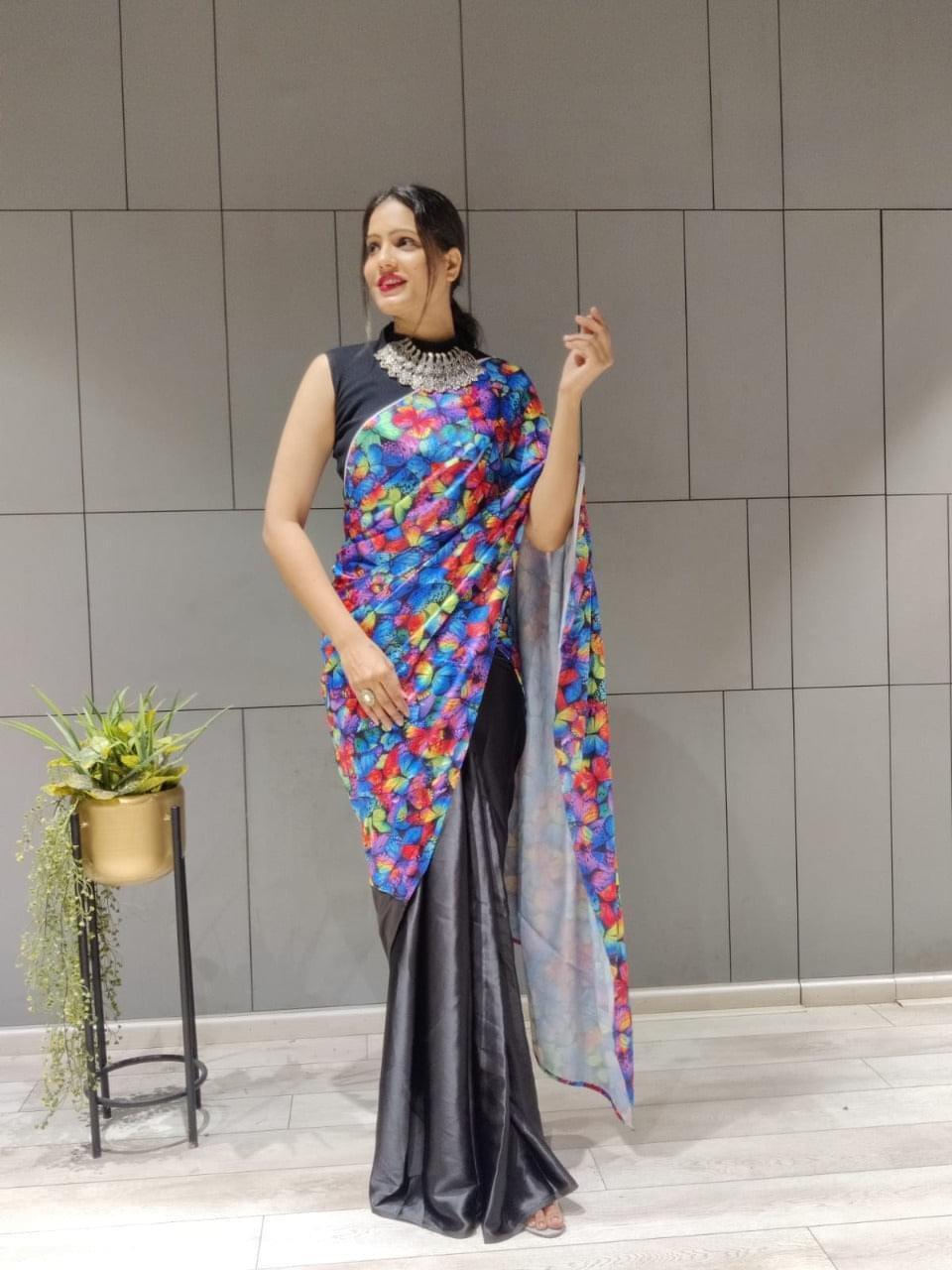 1 min ready to wear digital print satin silk saree -Satin saree black butterfly women's fashion mart