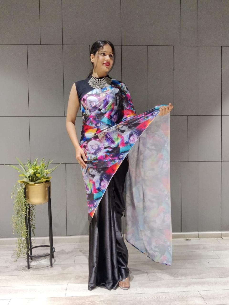 1 min ready to wear digital print satin silk saree -Satin saree red women's fashion mart