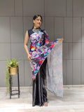 1 min ready to wear digital print satin silk saree -Satin saree red women's fashion mart
