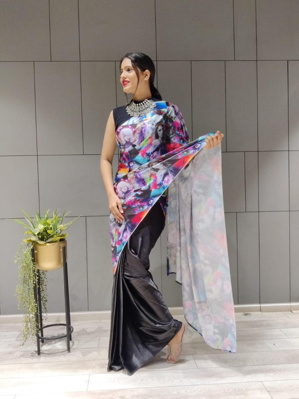 1 min ready to wear digital print satin silk saree -Satin saree black women's fashion mart