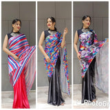 1 min ready to wear digital print satin silk saree -Satin saree red women's fashion mart