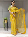 1 min ready to wear organza silk saree -Organza Saree yellow women's fashion mart