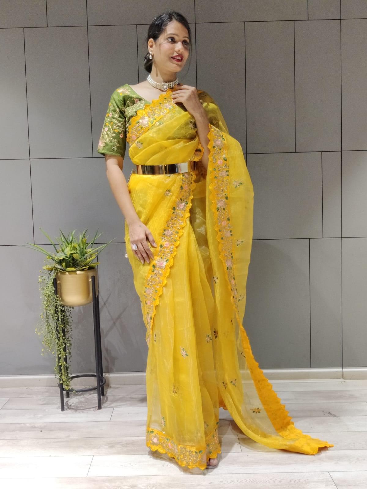 1 min ready to wear organza silk saree -Organza Saree yellow women's fashion mart