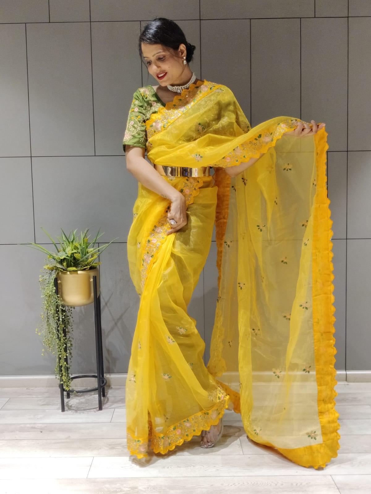 1 min ready to wear organza silk saree -Organza Saree yellow women's fashion mart