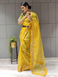 1 min ready to wear organza silk saree -Organza Saree yellow women's fashion mart