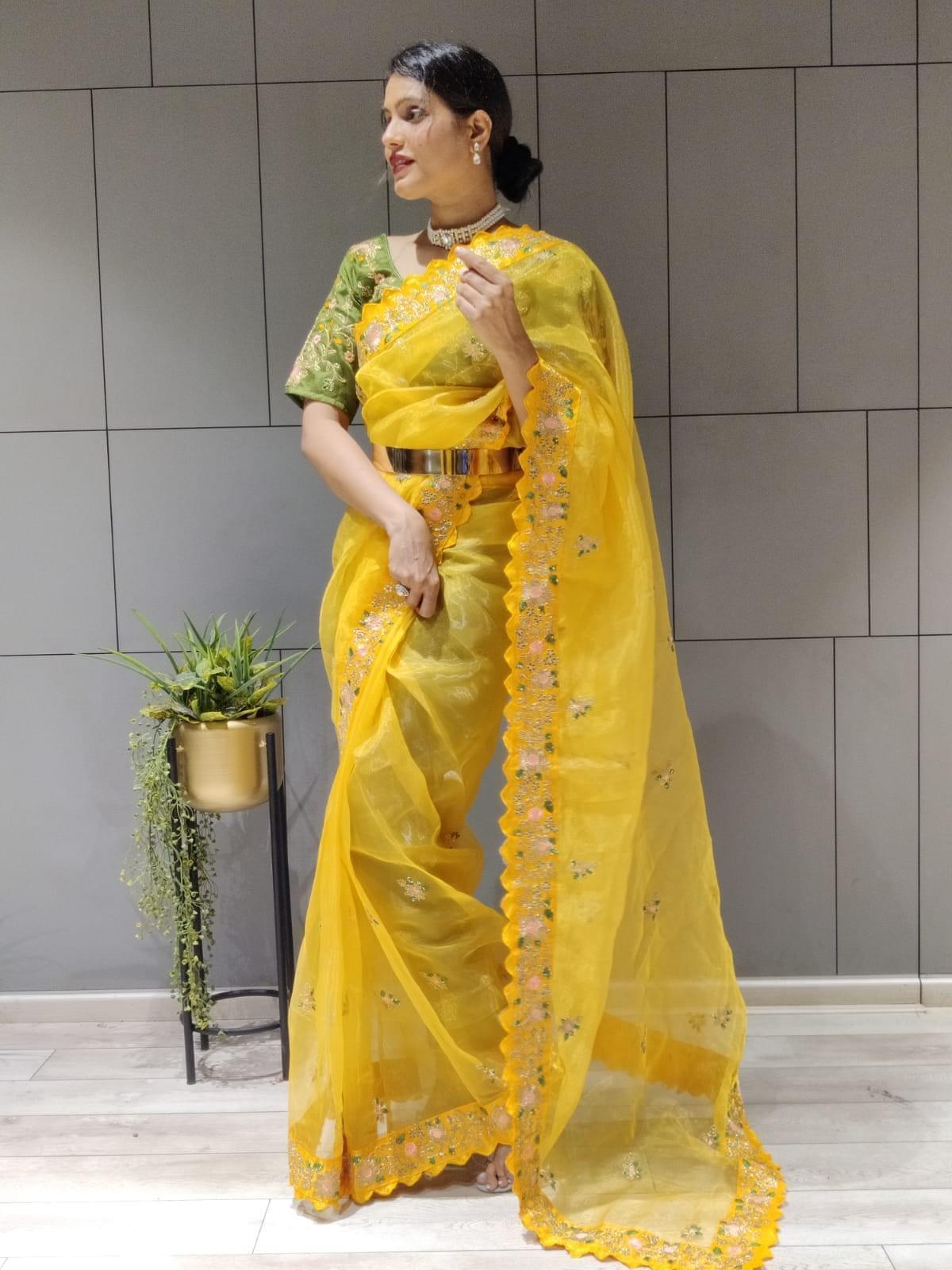 1 min ready to wear organza silk saree -Organza Saree yellow women's fashion mart