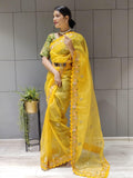 1 min ready to wear organza silk saree -Organza Saree yellow women's fashion mart