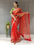 1 min ready to wear organza silk saree -Organza Saree red women's fashion mart