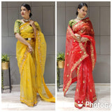 1 min ready to wear organza silk saree -Organza Saree yellow women's fashion mart