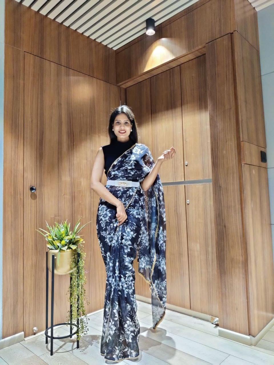 1 min ready to wear digital print chinon silk saree -Silk Saree black women's fashion mart