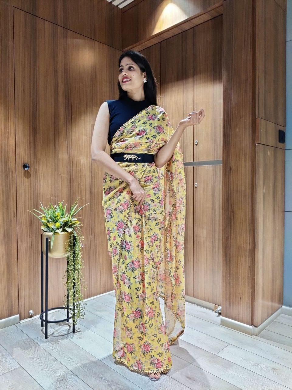 1 min ready to wear digital print chinon silk saree -Silk Saree yellow women's fashion mart