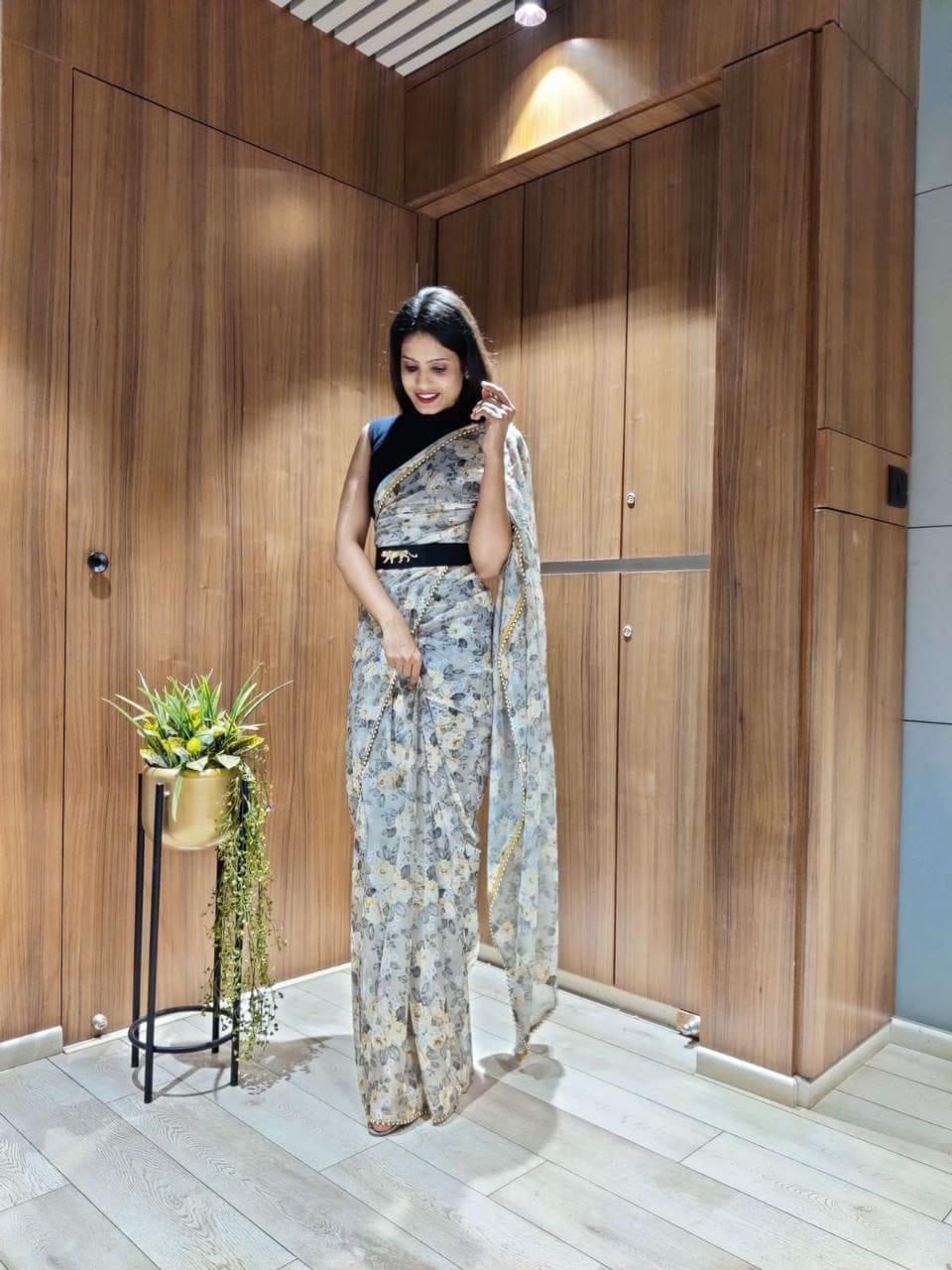 1 min ready to wear digital print chinon silk saree -Silk Saree white women's fashion mart
