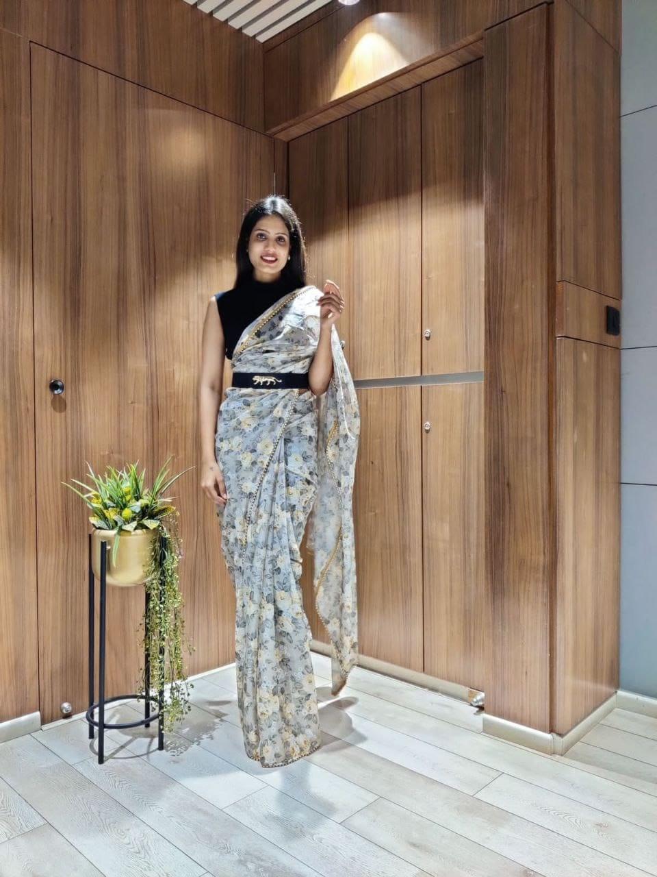 1 min ready to wear digital print chinon silk saree -Silk Saree yellow women's fashion mart