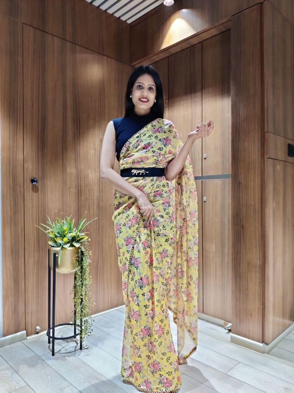 1 min ready to wear digital print chinon silk saree -Silk Saree yellow women's fashion mart