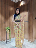 1 min ready to wear digital print chinon silk saree -Silk Saree yellow women's fashion mart