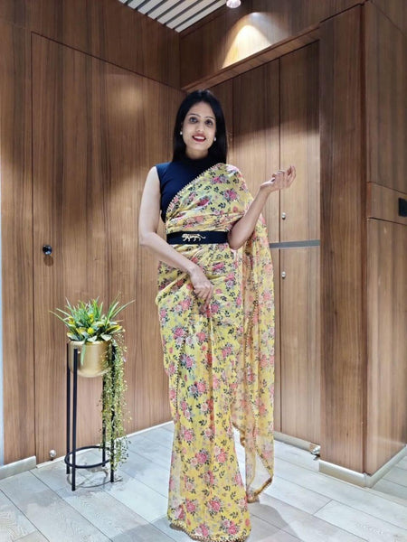 1 min ready to wear digital print chinon silk saree -Silk Saree yellow women's fashion mart