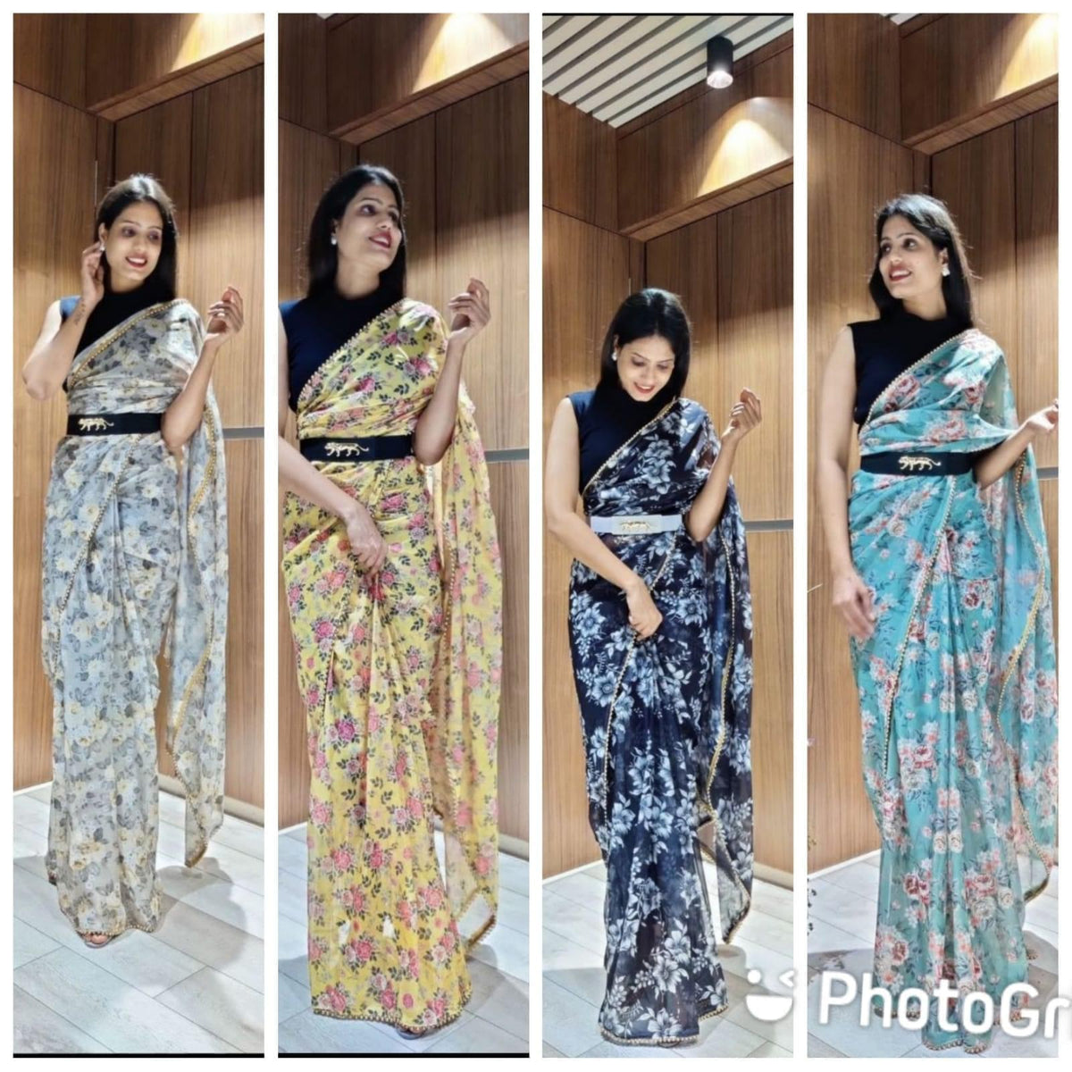 1 min ready to wear digital print chinon silk saree -Silk Saree yellow women's fashion mart