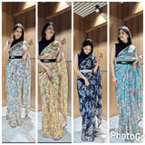 1 min ready to wear digital print chinon silk saree -Silk Saree yellow women's fashion mart