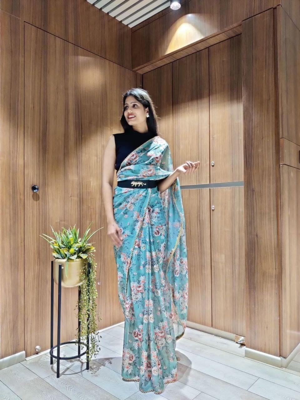 1 min ready to wear digital print chinon silk saree -Silk Saree sky blue women's fashion mart
