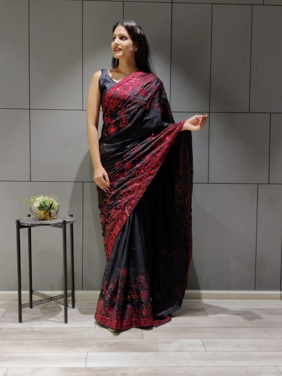 1 min ready to wear black sequins work saree -Georgette Saree Default Title women's fashion mart