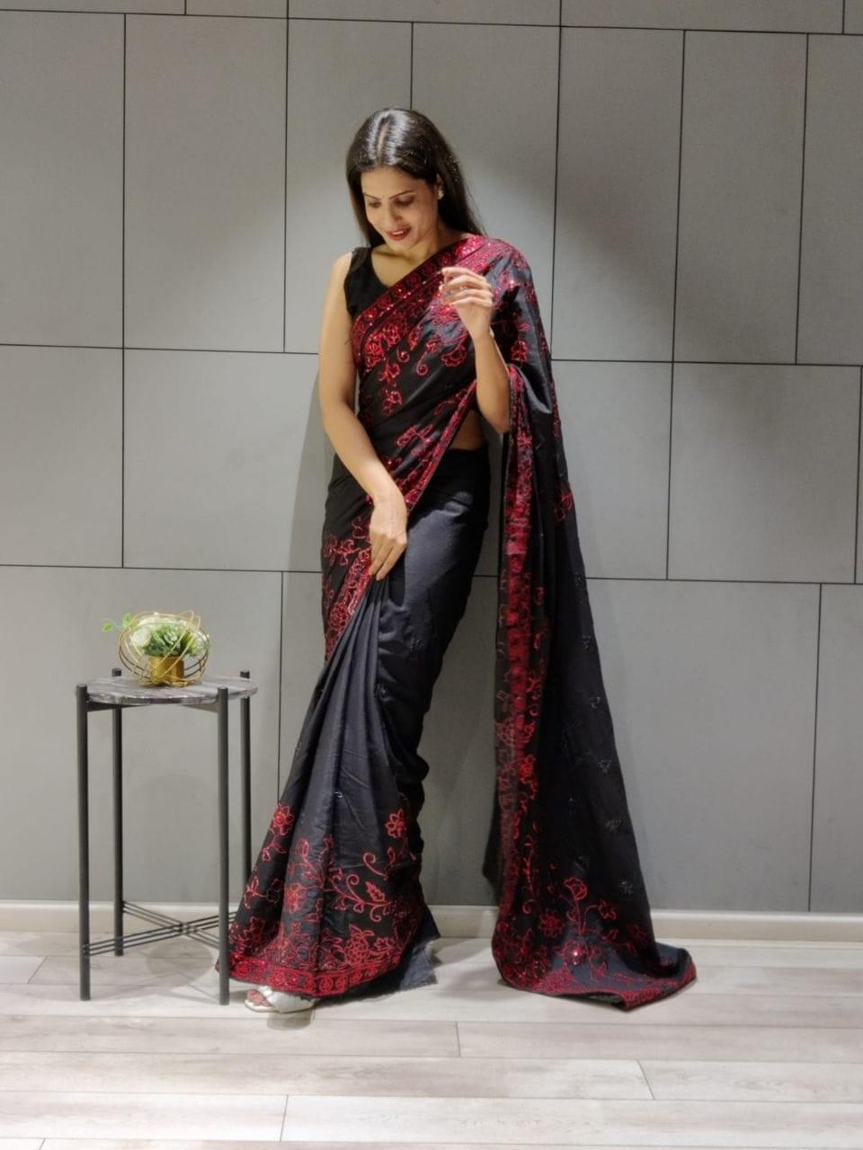 1 min ready to wear black sequins work saree -Georgette Saree Default Title women's fashion mart