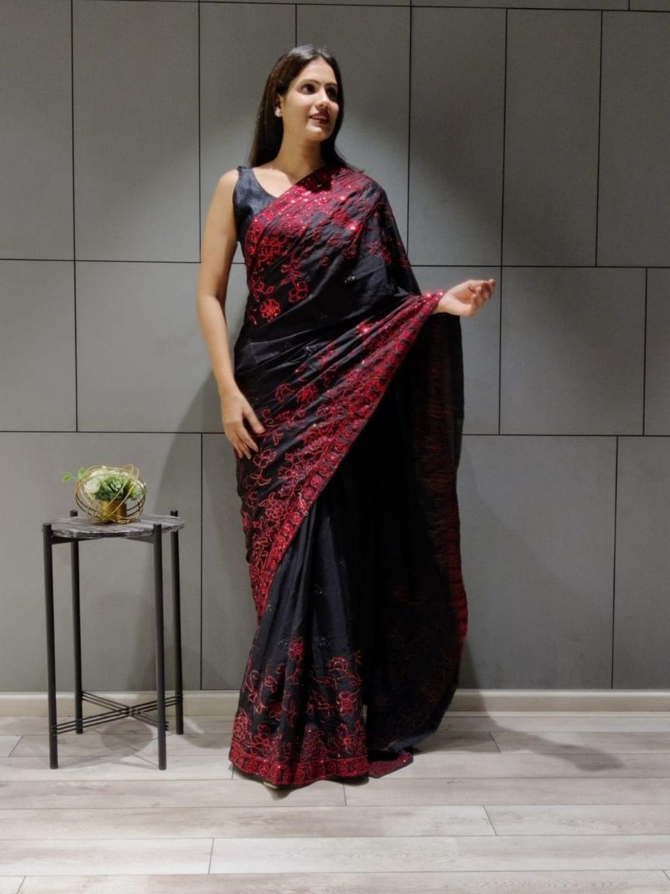 1 min ready to wear black sequins work saree -Georgette Saree Default Title women's fashion mart