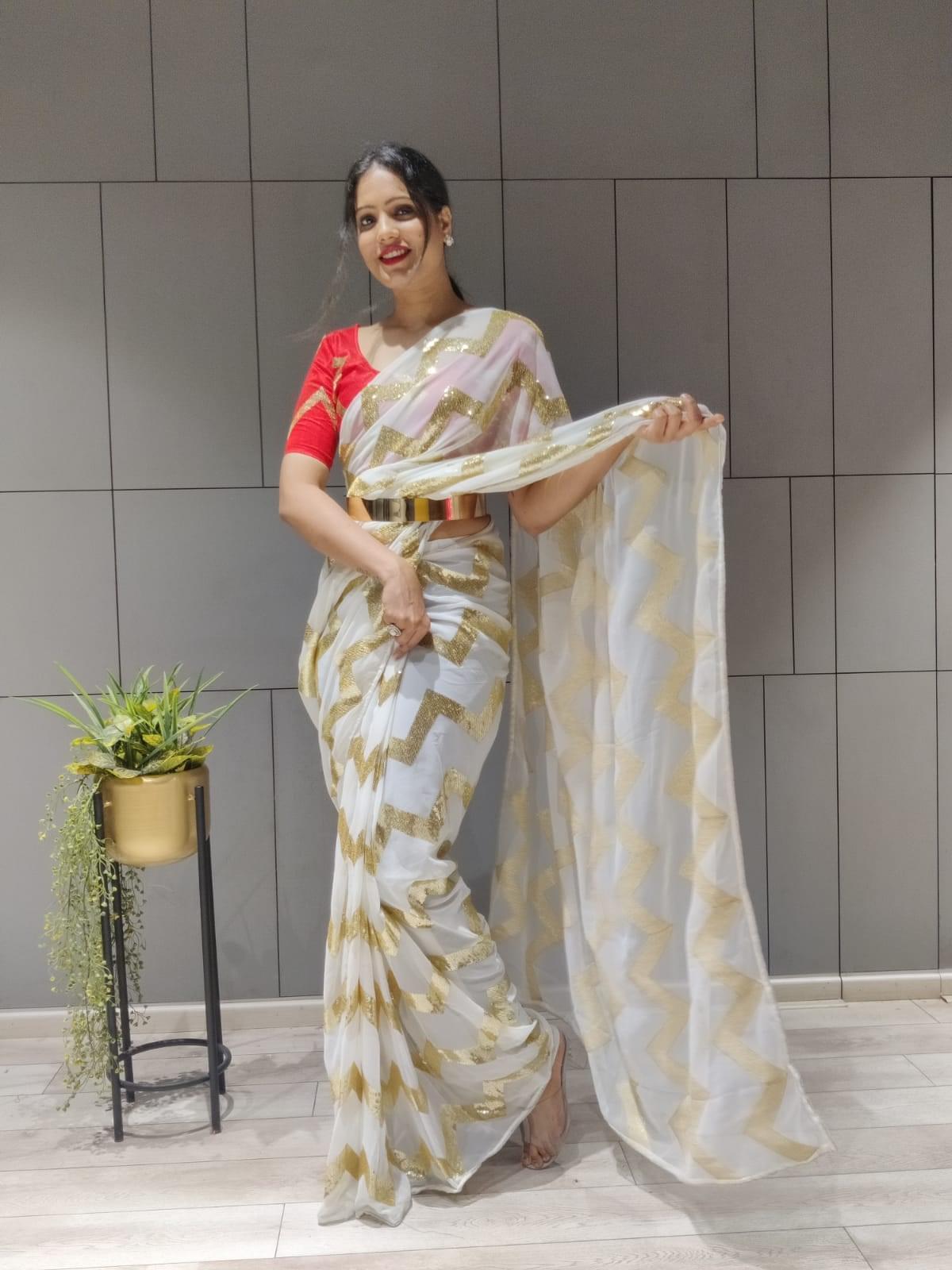 1 min ready to wear zig zag sequence work saree -Georgette Saree Default Title women's fashion mart
