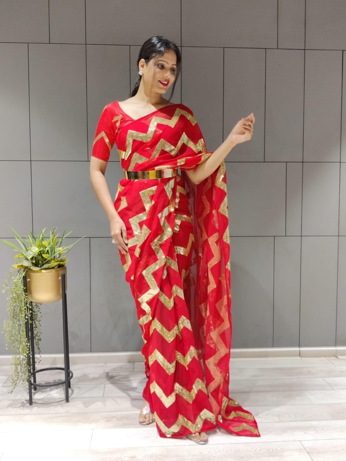 1 min ready to wear zig zag sequence work saree -Georgette Saree Default Title women's fashion mart