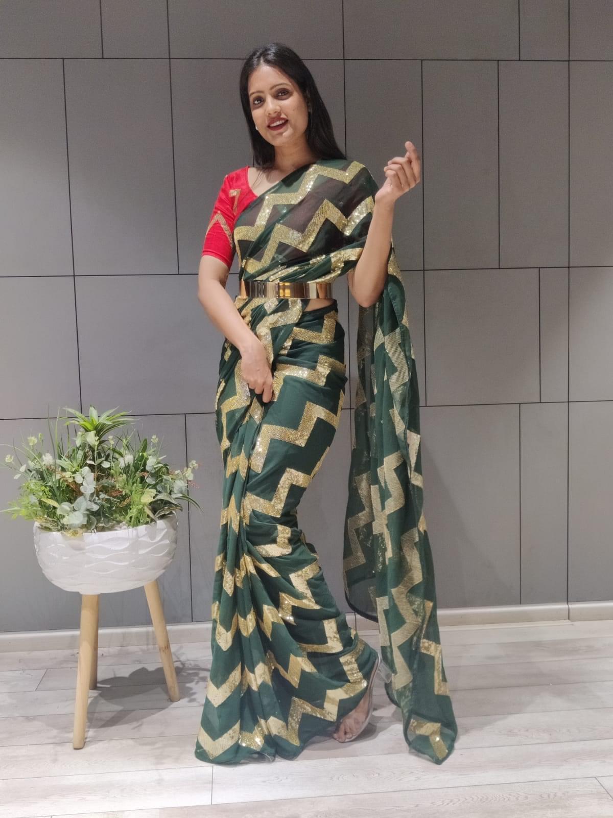 1 min ready to wear zig zag sequence work saree -Georgette Saree Default Title women's fashion mart