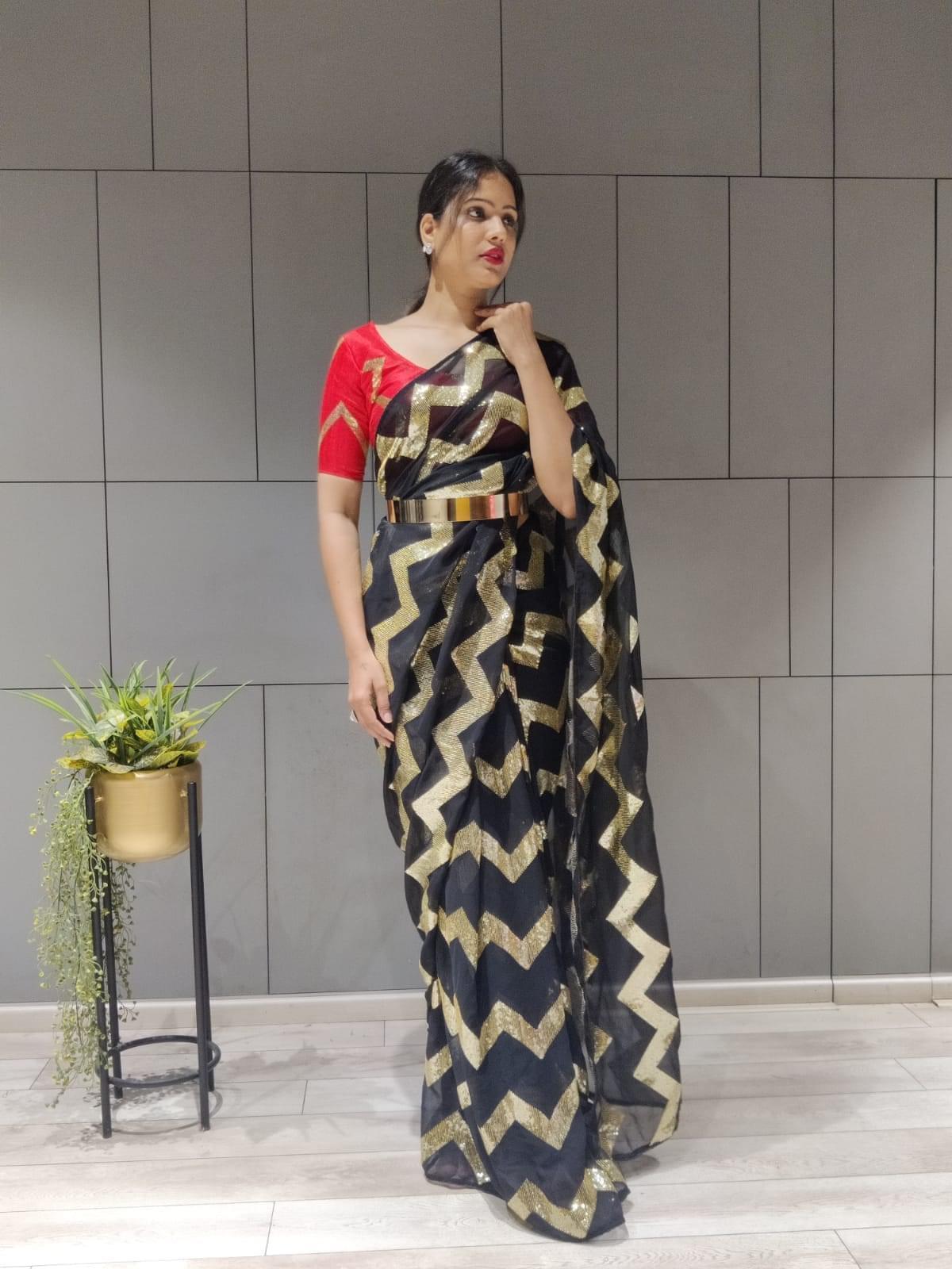 1 min ready to wear zig zag sequence work saree -Georgette Saree Default Title women's fashion mart