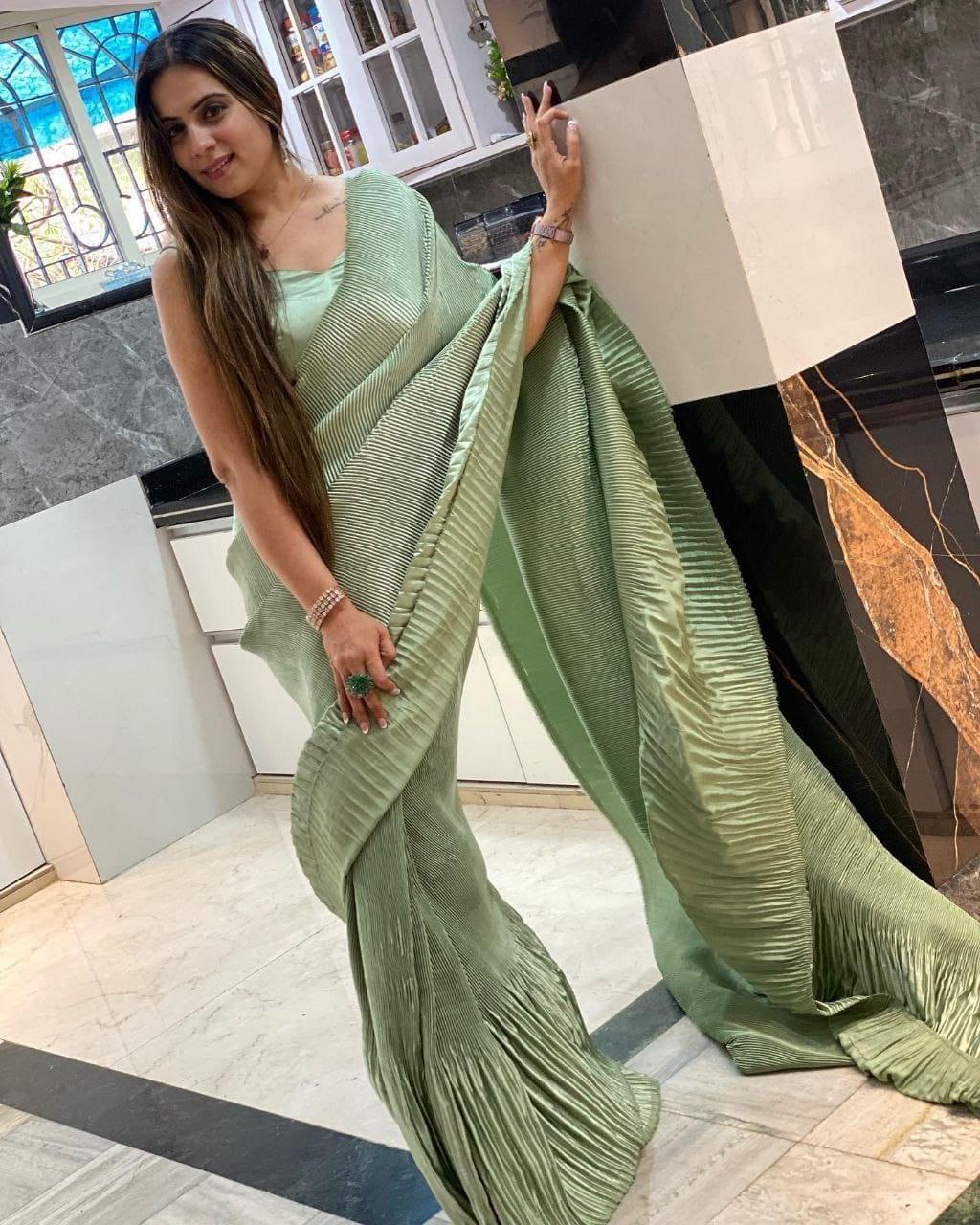 1 min ready to wear pista green crush saree -Georgette Saree Default Title women's fashion mart