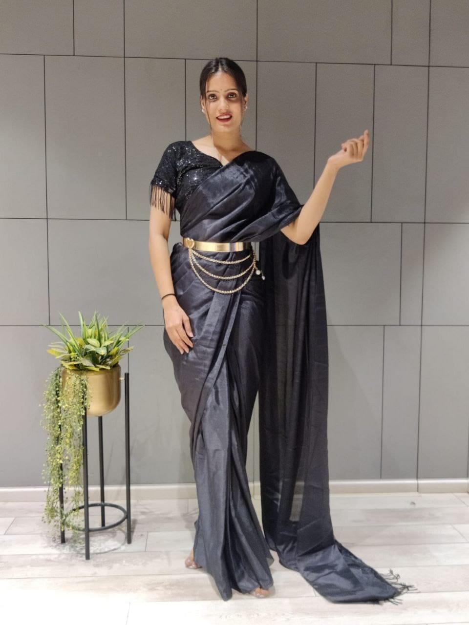 1 min ready to wear sequence work silk saree -Silk Saree black women's fashion mart