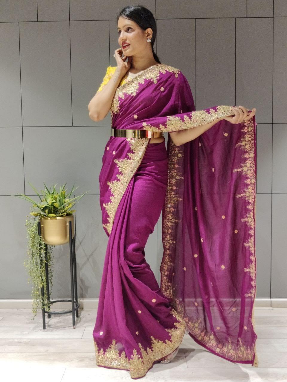 1 min ready to wear wine vichitra silk saree -Silk Saree Default Title women's fashion mart