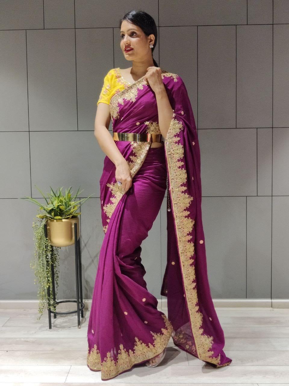 1 min ready to wear wine vichitra silk saree -Silk Saree Default Title women's fashion mart