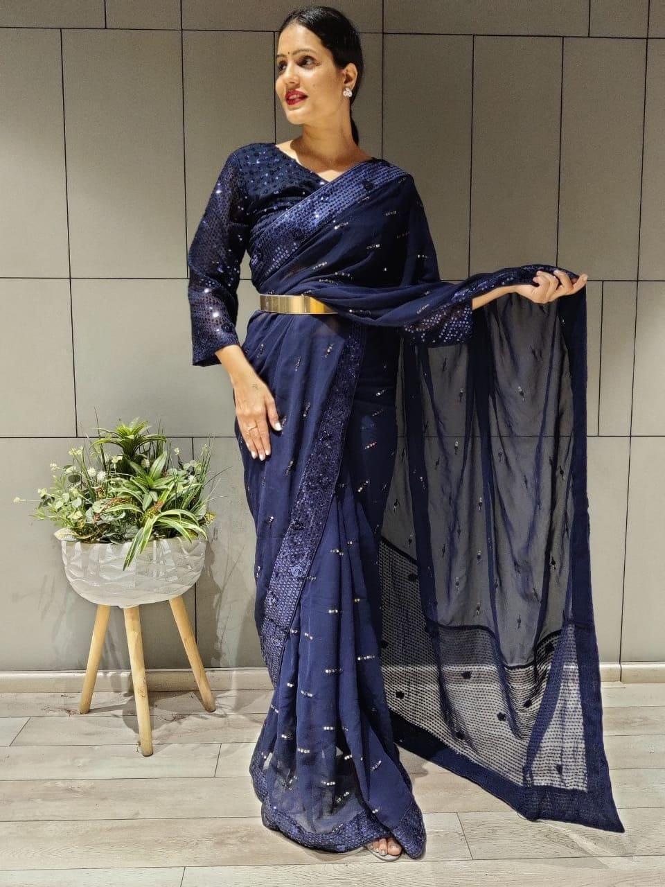 1 min ready to wear navy blue saree -Georgette Saree Default Title women's fashion mart
