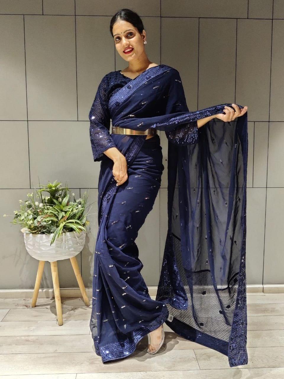 1 min ready to wear navy blue saree -Georgette Saree Default Title women's fashion mart