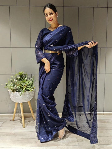 1 min ready to wear navy blue saree -Georgette Saree Default Title women's fashion mart