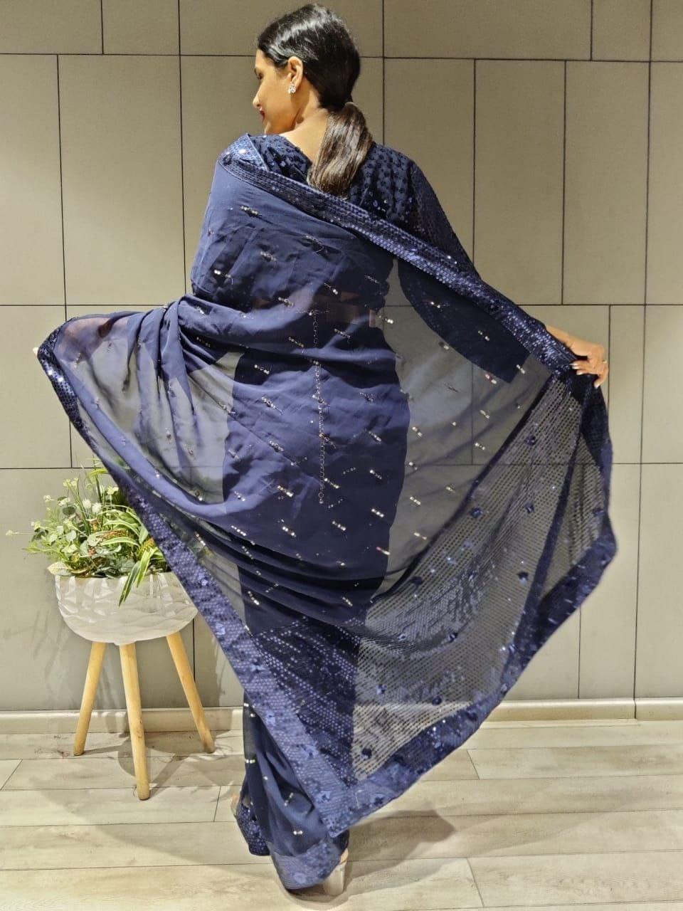 1 min ready to wear navy blue saree -Georgette Saree Default Title women's fashion mart