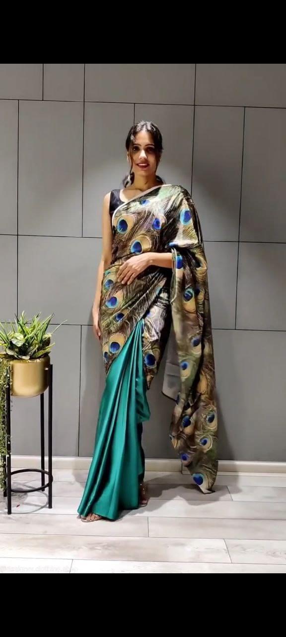 1 min ready to wear digital print japan satin silk saree -Silk Saree Default Title women's fashion mart