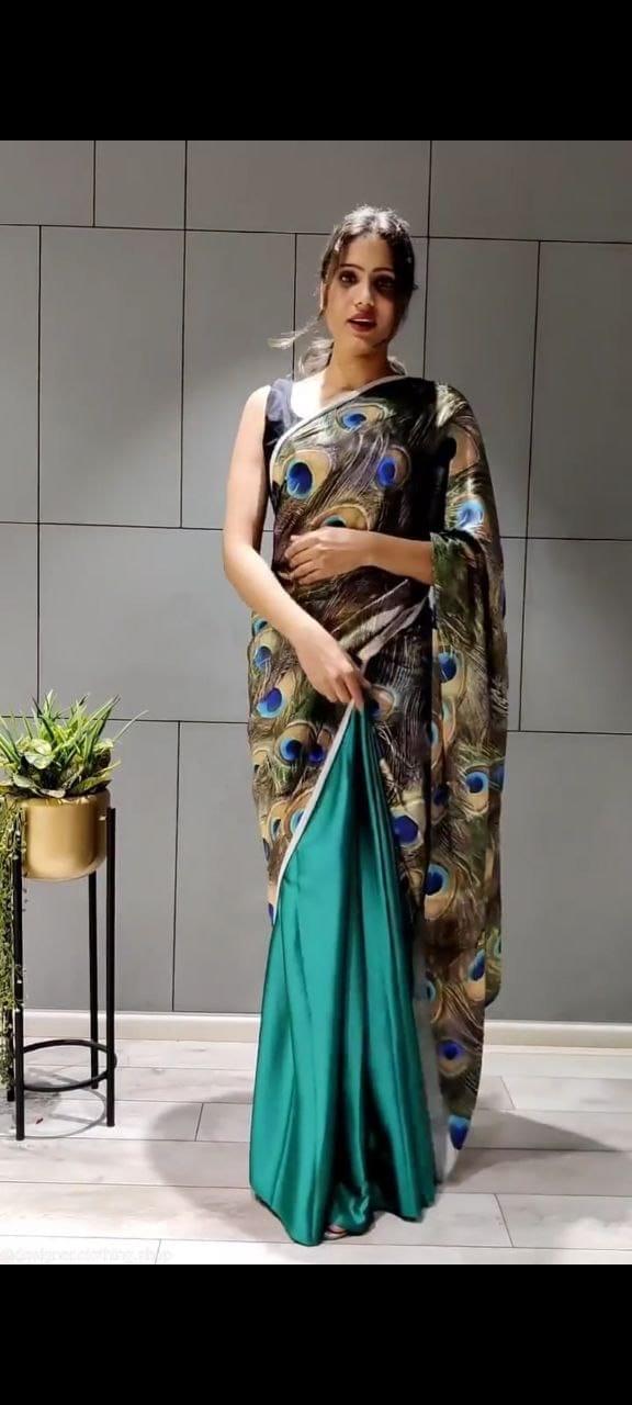 1 min ready to wear digital print japan satin silk saree -Silk Saree Default Title women's fashion mart