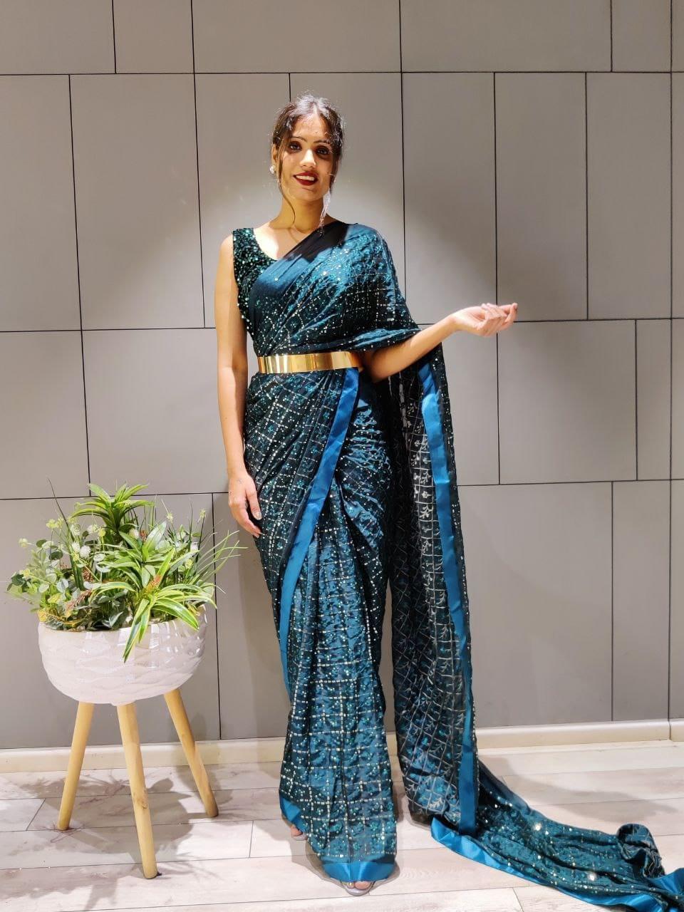 1 min ready to wear rangoli silk sequins saree -Silk Saree RAMA BLUE women's fashion mart