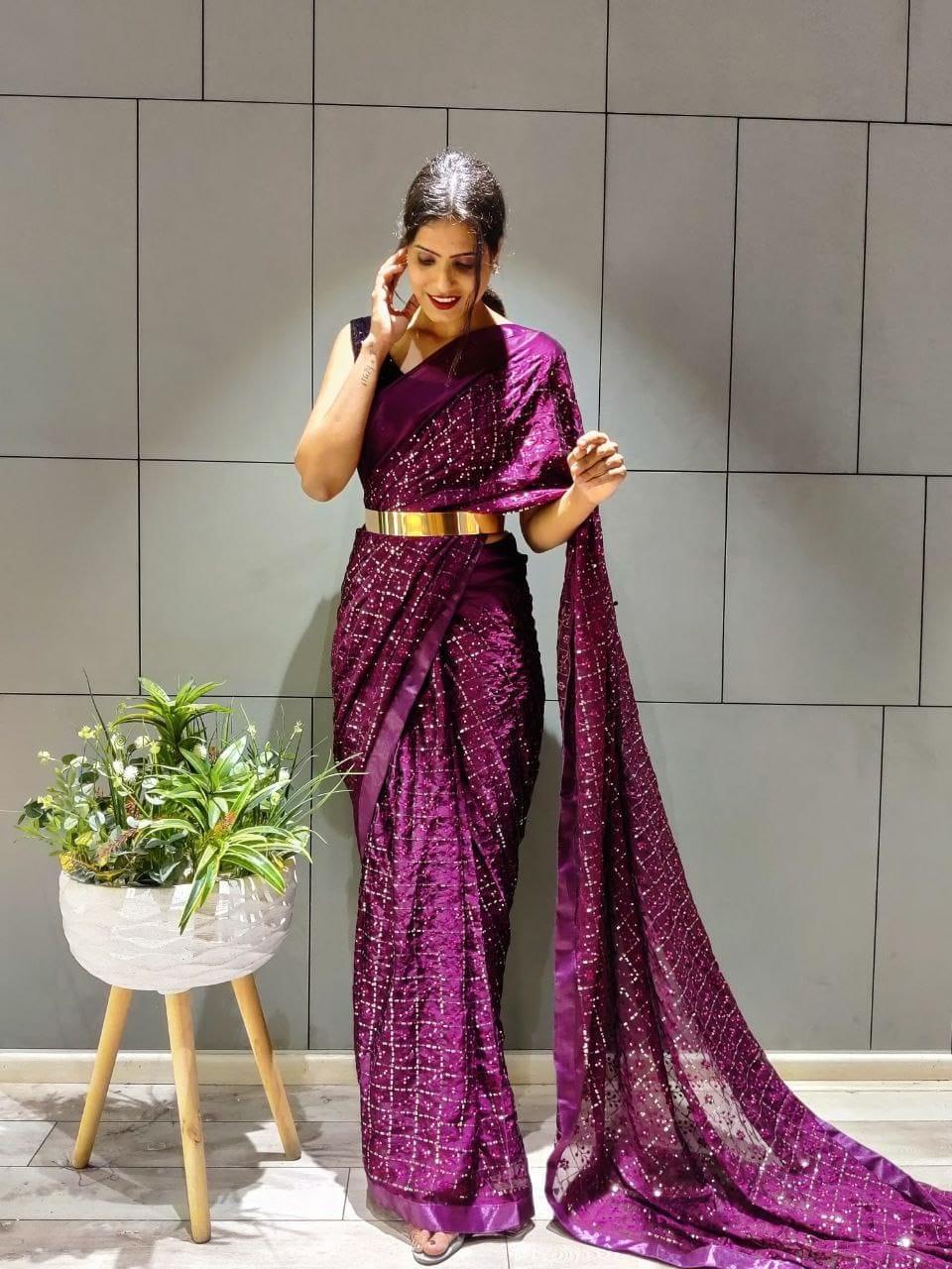 1 min ready to wear rangoli silk sequins saree -Silk Saree WINE women's fashion mart