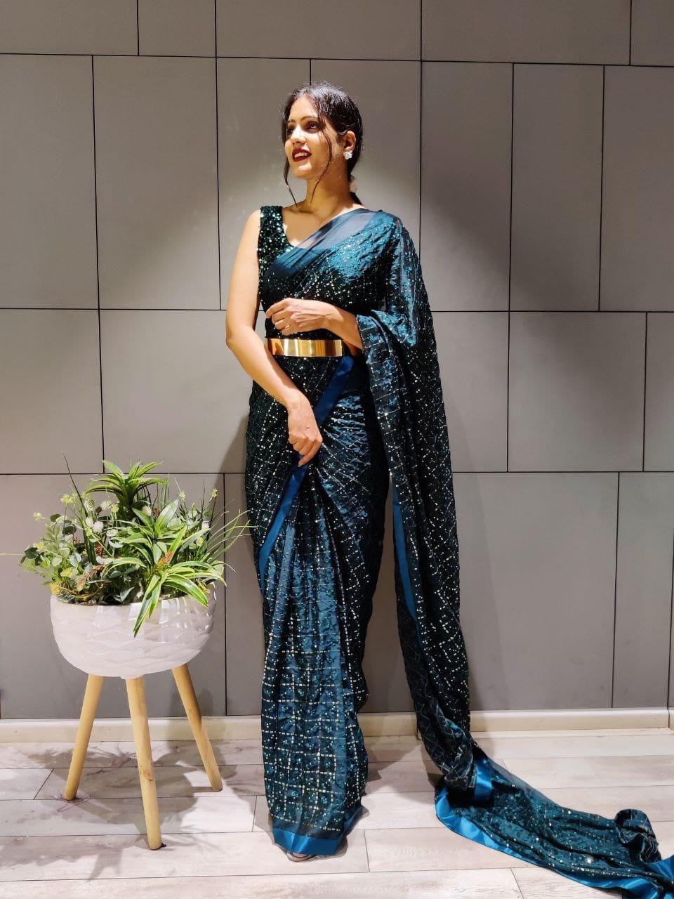 1 min ready to wear rangoli silk sequins saree -Silk Saree RAMA BLUE women's fashion mart