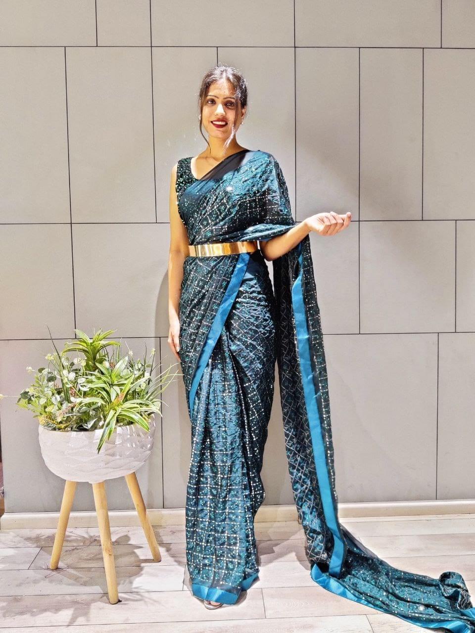 1 min ready to wear rangoli silk sequins saree -Silk Saree RAMA BLUE women's fashion mart