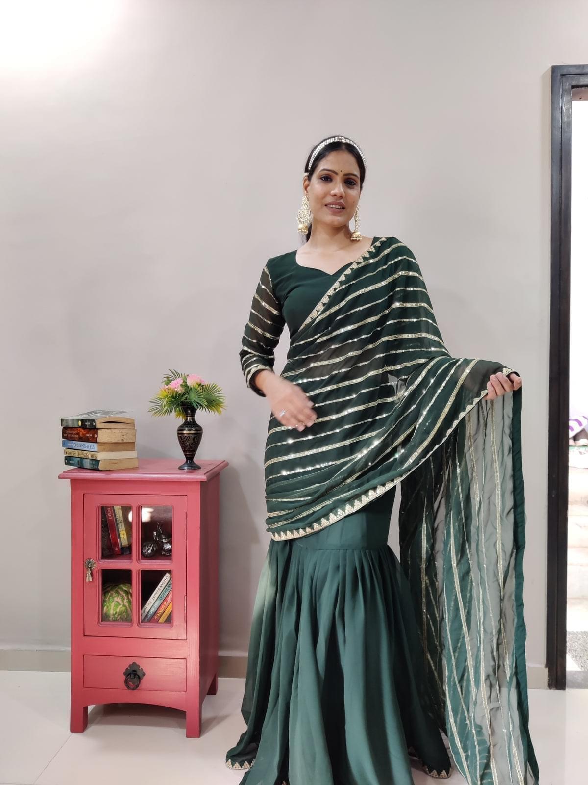 1 min ready to wear Georgette Embellished with Sequins Work lehenga saree -Georgette Saree BOTTLE GREEN women's fashion mart