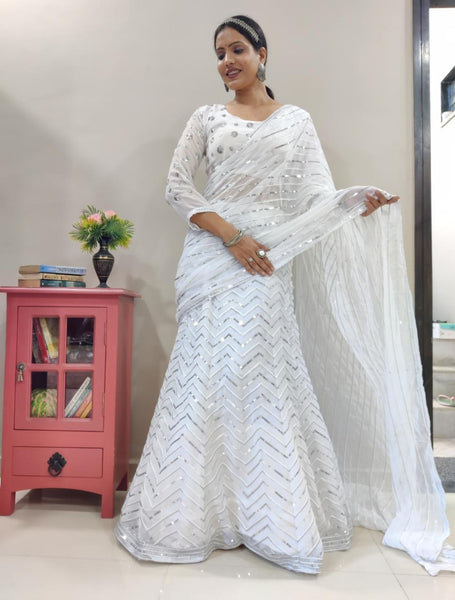 Ready to wear Embroidery And Sequence Work lehenga saree -Georgette Saree White women's fashion mart