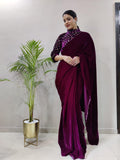 ready to wear velvet saree with jacket style blouse -Silk Saree BLACK women's fashion mart