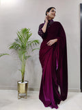 ready to wear velvet saree with jacket style blouse -Silk Saree BLACK women's fashion mart