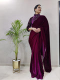 ready to wear velvet saree with jacket style blouse -Silk Saree WINE women's fashion mart