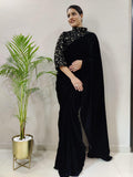 ready to wear velvet saree with jacket style blouse -Silk Saree BLACK women's fashion mart